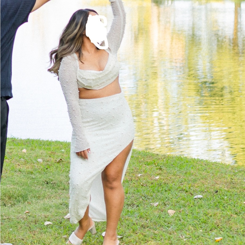 Oh Polly Ivory cowl neck embellished top